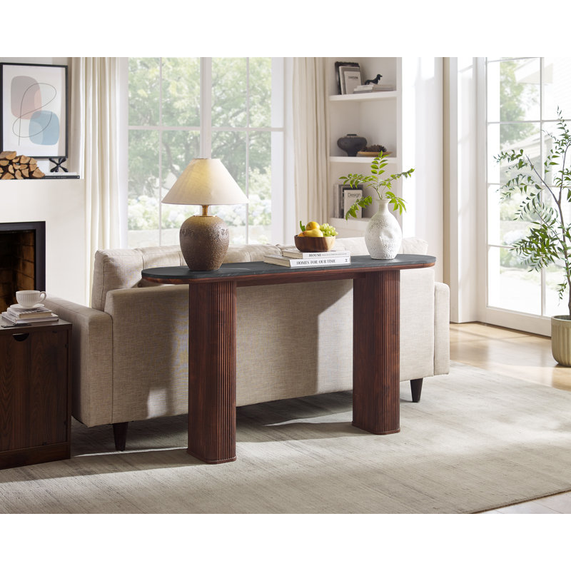 63 Inch Modern Console Table With Arc Faux Marble Texture Top, Fluted Wood Base, Contemporary Entryway Sofa Table For Living Room, Hallway, Foyer