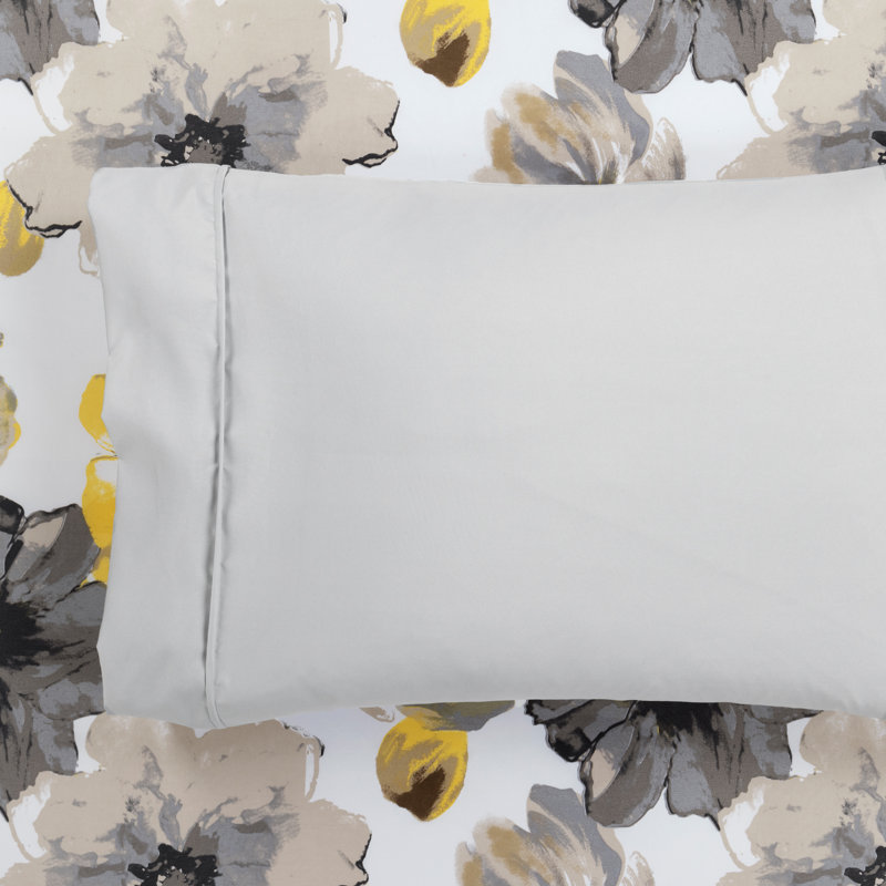 Queen Yellow and Gray Floral Microfiber Sheet Set