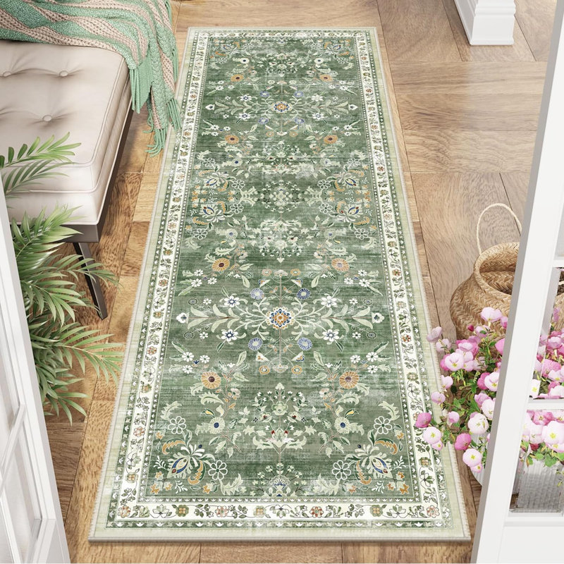 Tapis de couloir lavable 2 x 6 po - Tapis de couloir floral Boho antidérapant avec envers en caoutchouc