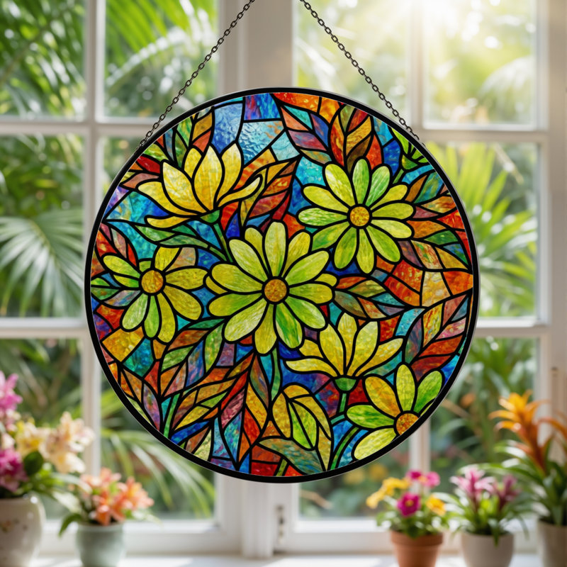 Vitrail de vitrail floral 7,8 po H, H 7,8 po x l 7,8 po