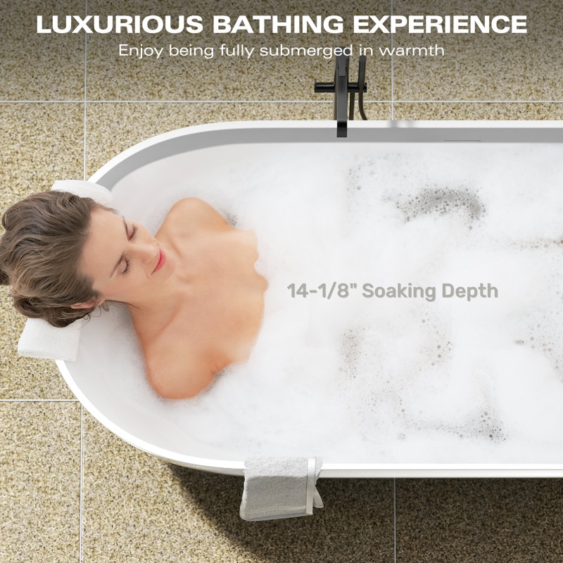 63" Freestanding Solid Surface Stone Resin Bathtub with Overflow and Pop-up Drain, Polished White, 63” H x 29.5” W x 21.63” D