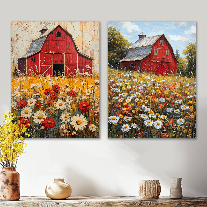 Barnyard en pleine floraison I - ensemble de 2 décorations murales en métal, H 32 po x l 48 po