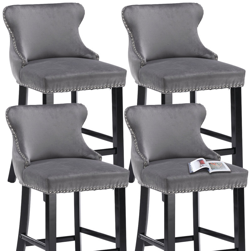  Modern Velvet Upholstered Bar Stools Counter Height Barstools Set of 4, Gray