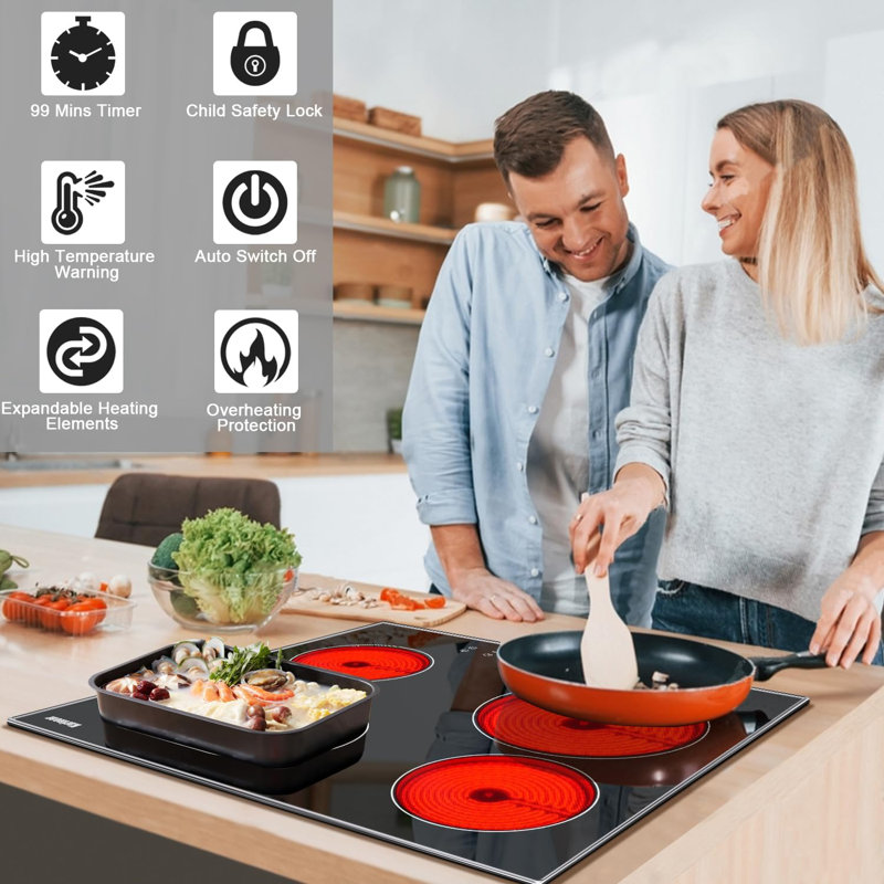 Surface de cuisson électrique à 4 brûleurs de 24 po Karinear, surface de cuisson électrique en céramique 220-240v encastrée avec cadre en verre de protection en verre, brûleurs extensibles, commande tactile à glissière, plaque de cuisson multifon