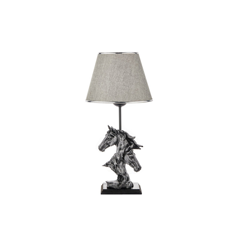 Elegant Table Lamp with Polyester Body and Wooden Base, 20.5 in Height | Fabric Cap (9.8 in Diameter) | On/Off Switch on Cable | CE Certified, E27 Socket Max 40W | American Traditional Wildlife Design, Silver & Black