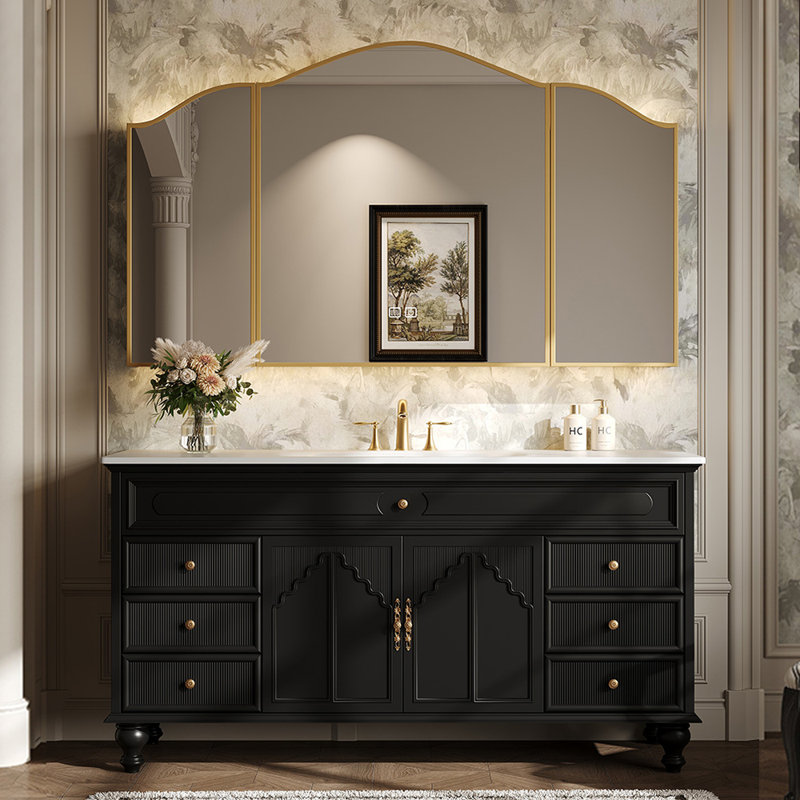 Meuble-lavabo de style rétro français, H 33,5 po x l 63 po x P 21,7 po, Noir