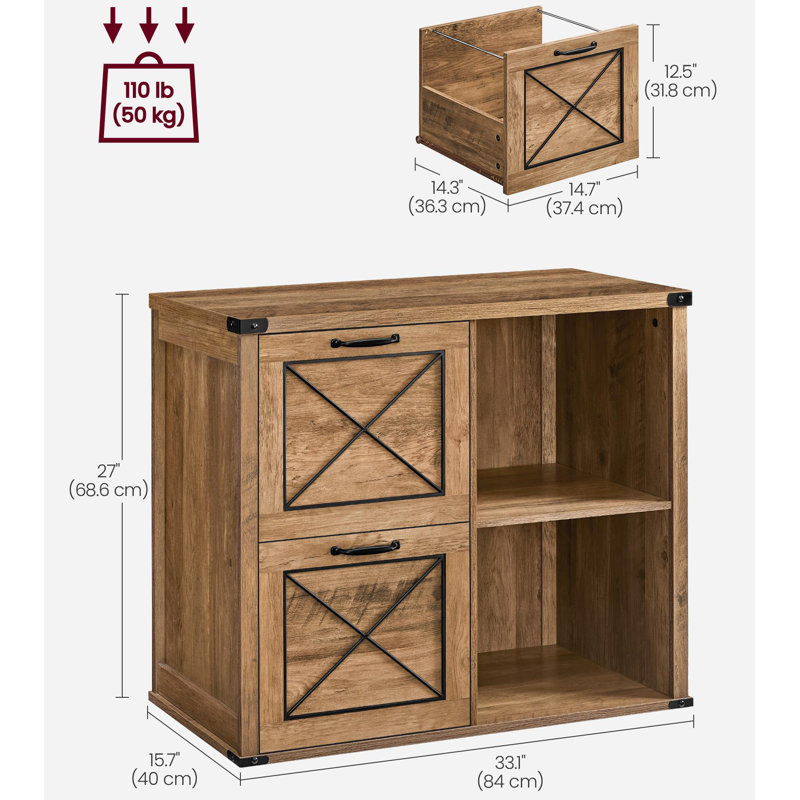 Lateral File Cabinet, Filing Cabinet with 2 Drawers, Printer Stand, 2 Open Compartments, Brown