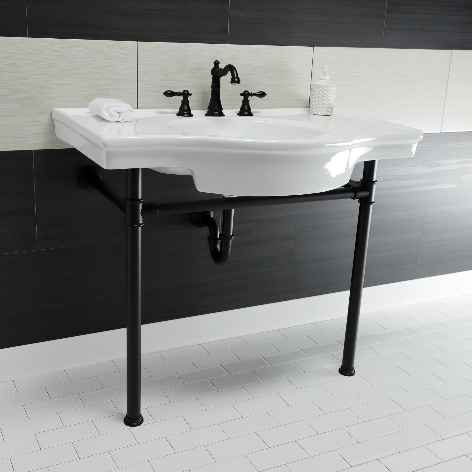 Kingston Brass Templeton 37-Inch Ceramic Console Sink with Stainless Steel Legs (8-Inch, 3-Hole), Matte Black