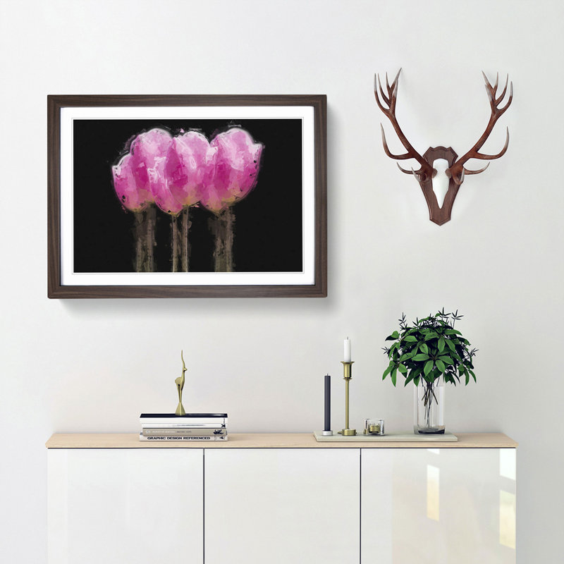 Row of Pink Tulips in Abstract - Picture Frame Painting Print, 60cm H x 91cm W x 2cm D, Walnut