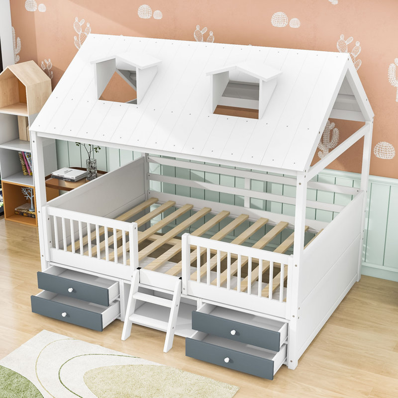 Wooden House Bed Frame With Charming Roof Skylights And Ample Storage, Full, White