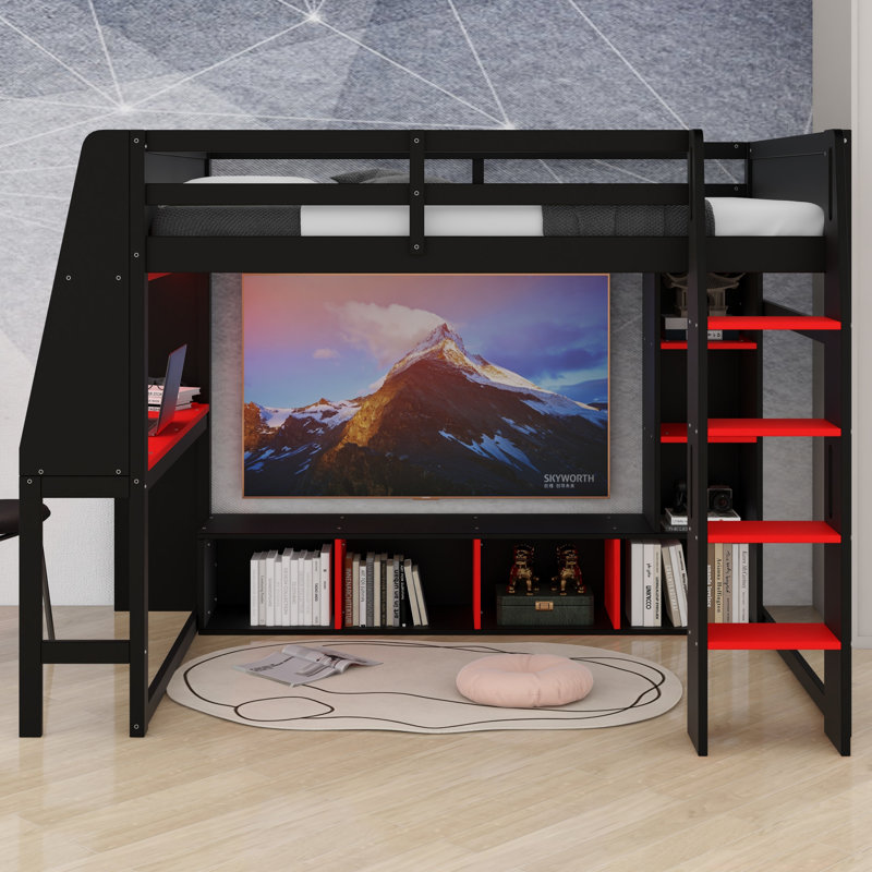 Wood Gaming Loft Bed Featuring Desk, Shelves, LED, And Hanging Rack, Full