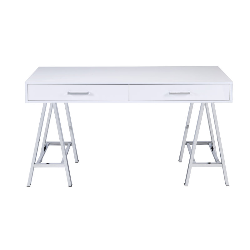 2-Drawer White High Gloss Chrome Finish Study Writing Desk Table Writing Small Desk Study Desk