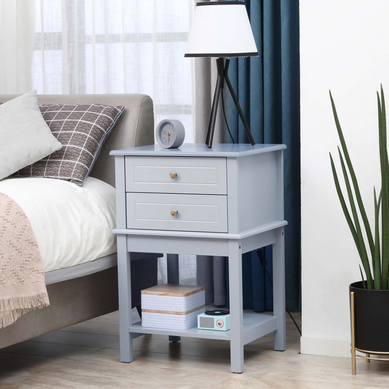 Light Gray MDF Side Table with 2 Storage Drawers and Shelf