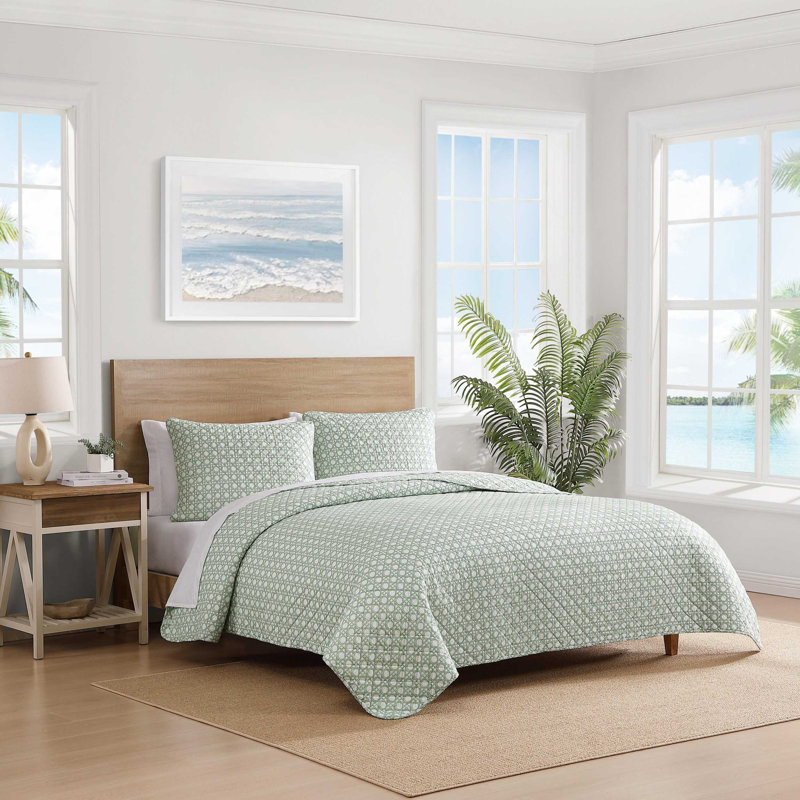 Tommy Bahama Aubrey Cotton Reversible Quilt Set, Green Geometric, King Quilt + 2 King Pillow Shams