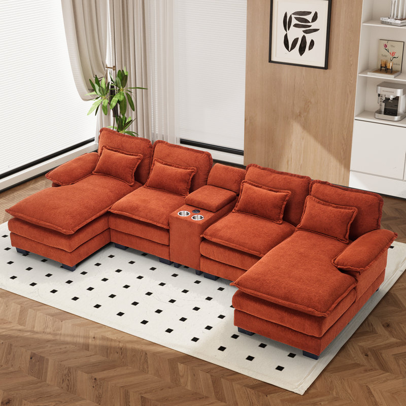5 Piece U Shape Sectional Sofa Cloud Couch Double Chaise Sectional Couch with Console, Orange Chenille