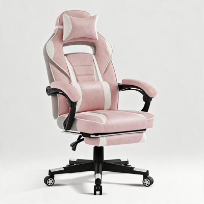Ergonomic Swivel Gaming Chair 360°, PU Leather High Back with Retractable Footrest, Lumbar Massage & Headrest, Pink, 18.89x27.55x47 in