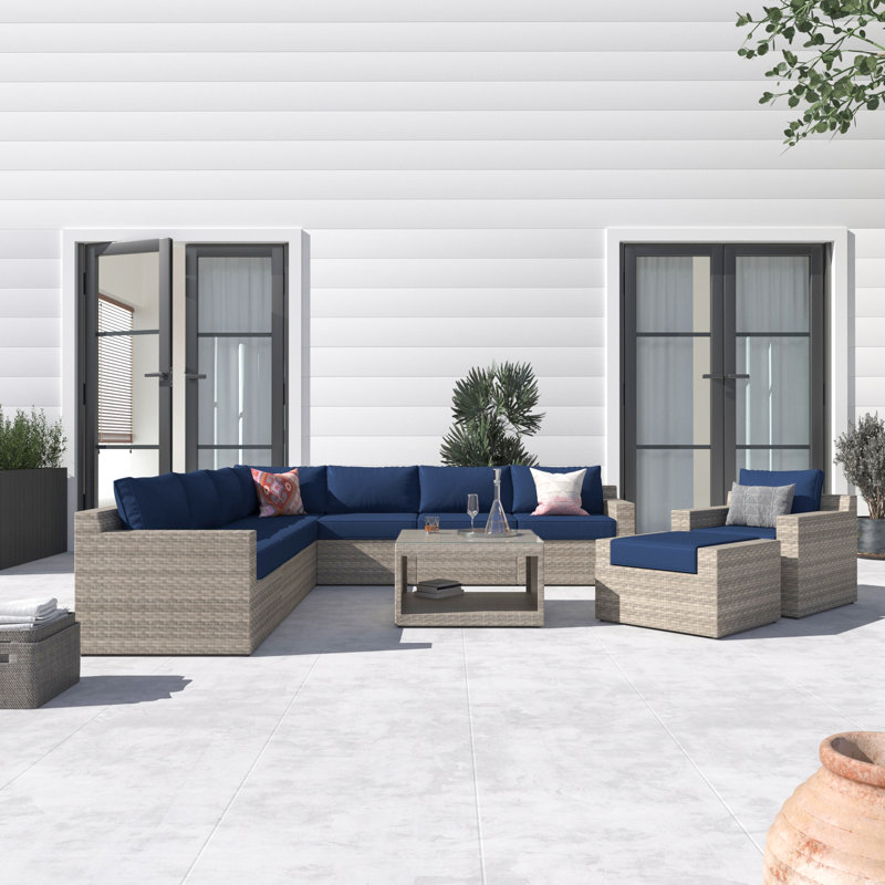 Ensemble de conversation modulaire en rotin 10 pièces avec coussins Lysia, Bleu marine