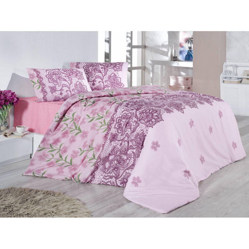 Ensemble de housse de couette 3 pièces en mélange de coton rose / vert / rose Dusty