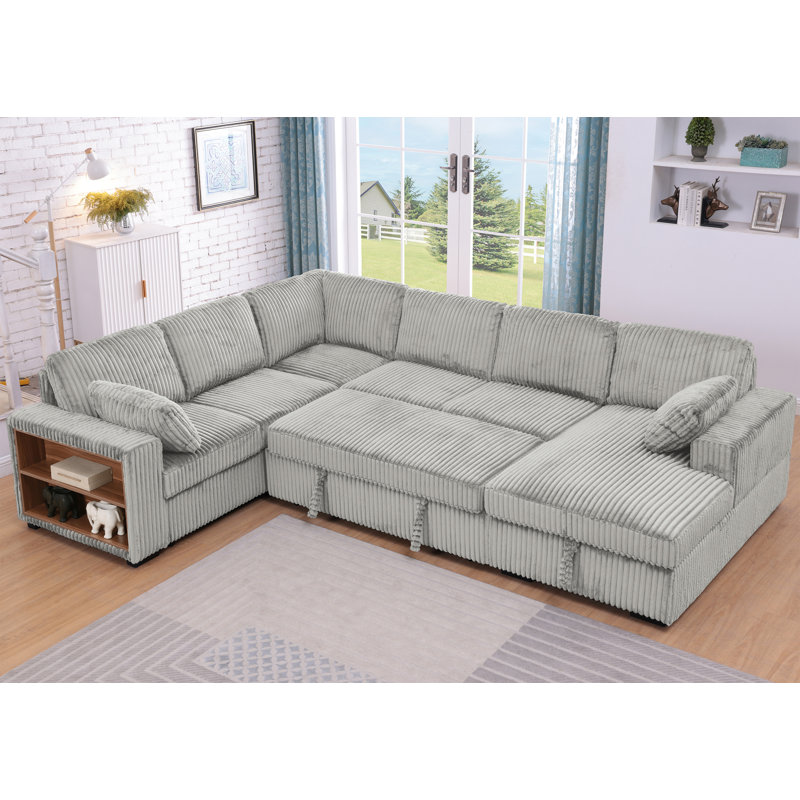 Sleeper Sectional Sofa with Pull-Out Bed, Storage Armrest, Right-Facing Storage Chaise, Light Gray Corduroy