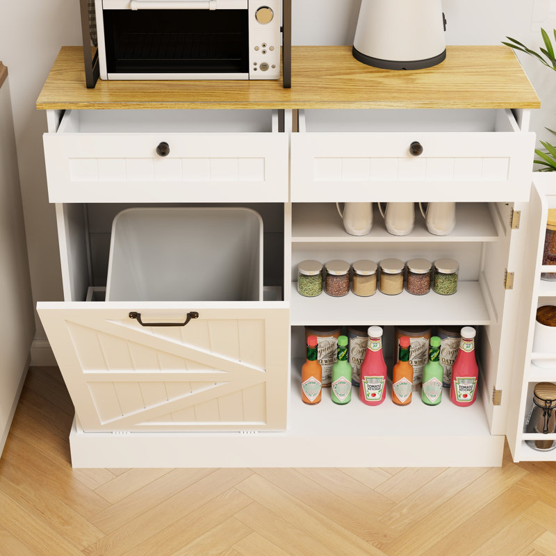 Armoire-poubelle de cuisine avec 2 tiroirs, 1 porte et dispositif d'inclinaison - Support de rangement blanc