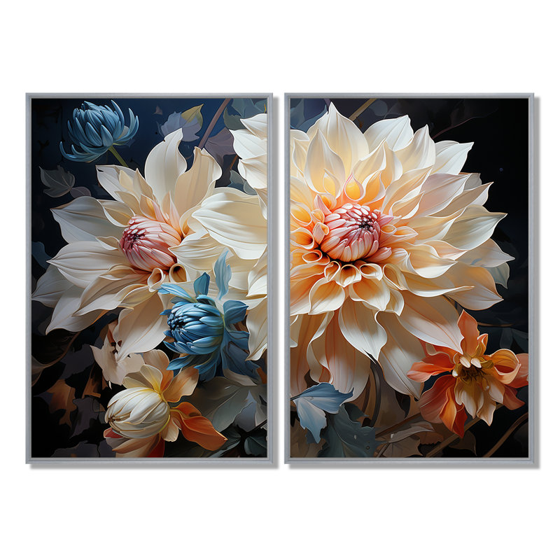 Dahlia's Colorful Symphony - art mural sur toile blanche, Impression encadrée flottante, Silver, 36" H x 48" W