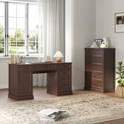 Hailiey Farmhouse 2-Piece Office Set - Textured Writing Desk with File Organizer & 5-Drawer Chest