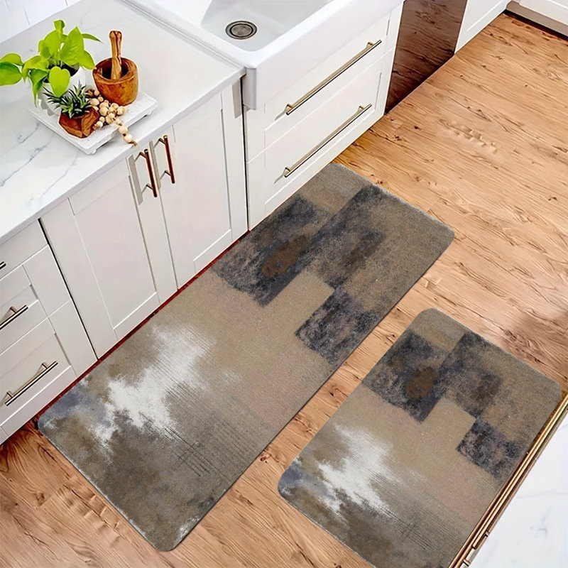 Earthy Abstract, Kitchen Mats Set of 2, Brown/White Abstract