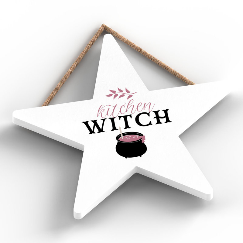 Kitchen Witch Cauldron Wooden Star Plaque, White