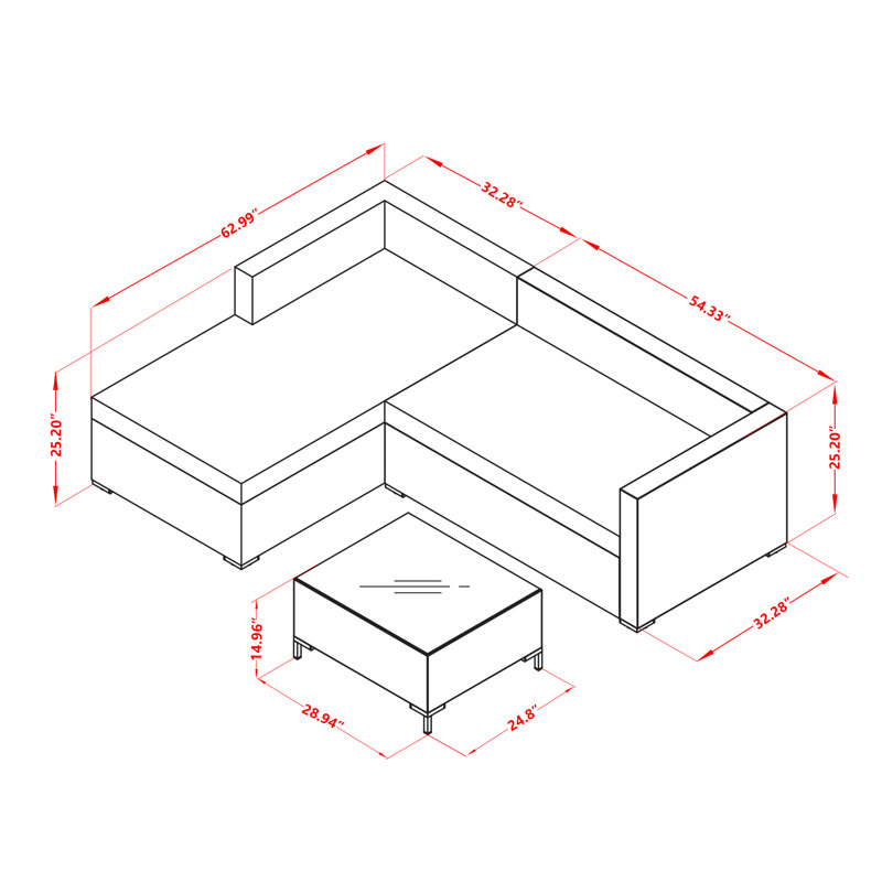 Ensemble de conversation modulaire d'extérieur 3 pièces - Ensemble de canapé modulaire d'extérieur avec table basse rectangulaire en osier et coussin en tissu de lin, brun