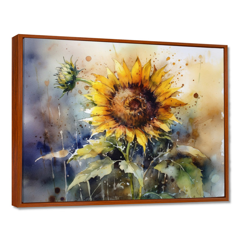 Jaune tournesol symphonie I - art mural tournesol, H 34 po x l 44 po x P 1,5 po, Cadre flottant brun