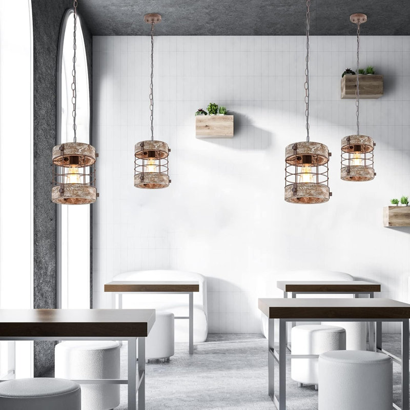 Luminaire suspendu cage en métal et bois 1 lumière Meganne Retro, Blanc / Brun