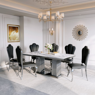Marble Dining Table For 4 People, 70.08'' Rectangle Faux Marble Dining Table With Mirrored Finish Metal Base For Kitchen, Living Room