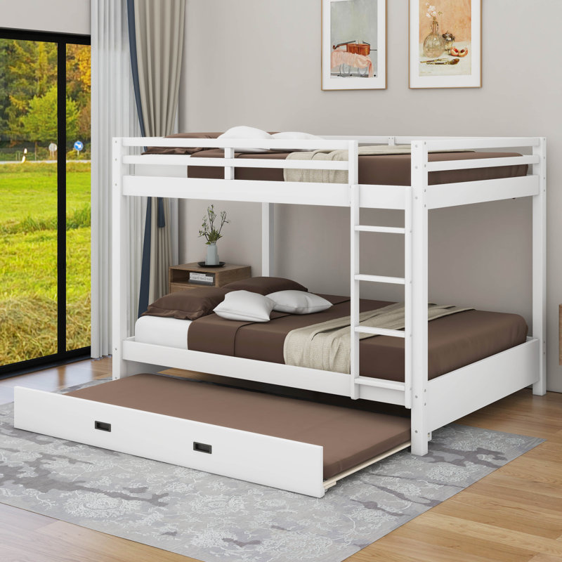Queen Size Bunk Bed With Ladder And Trundle, White