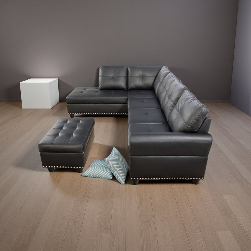 Faux Leather L - Shaped Sectional With Storage & Cup Holders, Black