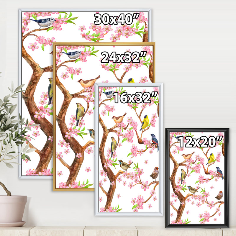 «Colorful Little Birds on Spring Flow», impression sur toile, Cadre noir, H 32 po x l 16 po x P 1 po