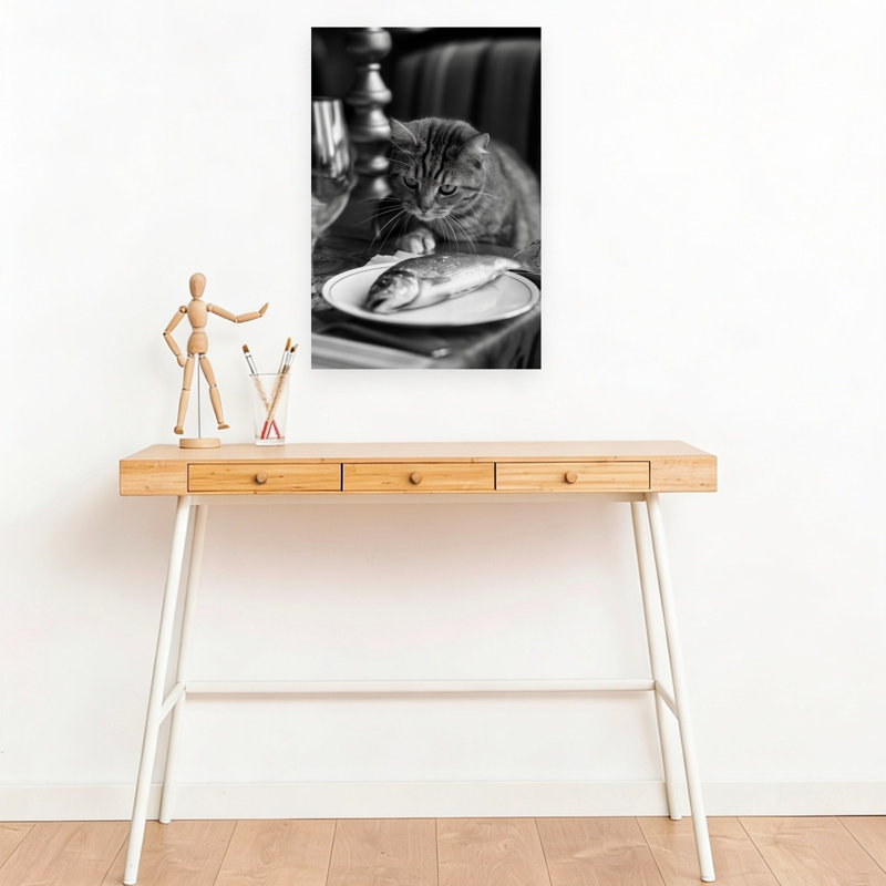 Cat Stares At Fish Elegant Contemporary Cat Fish Wall Art Print 1 Piece Wrapped Canvas Wall Art, 45.72cm H x 30.48cm W