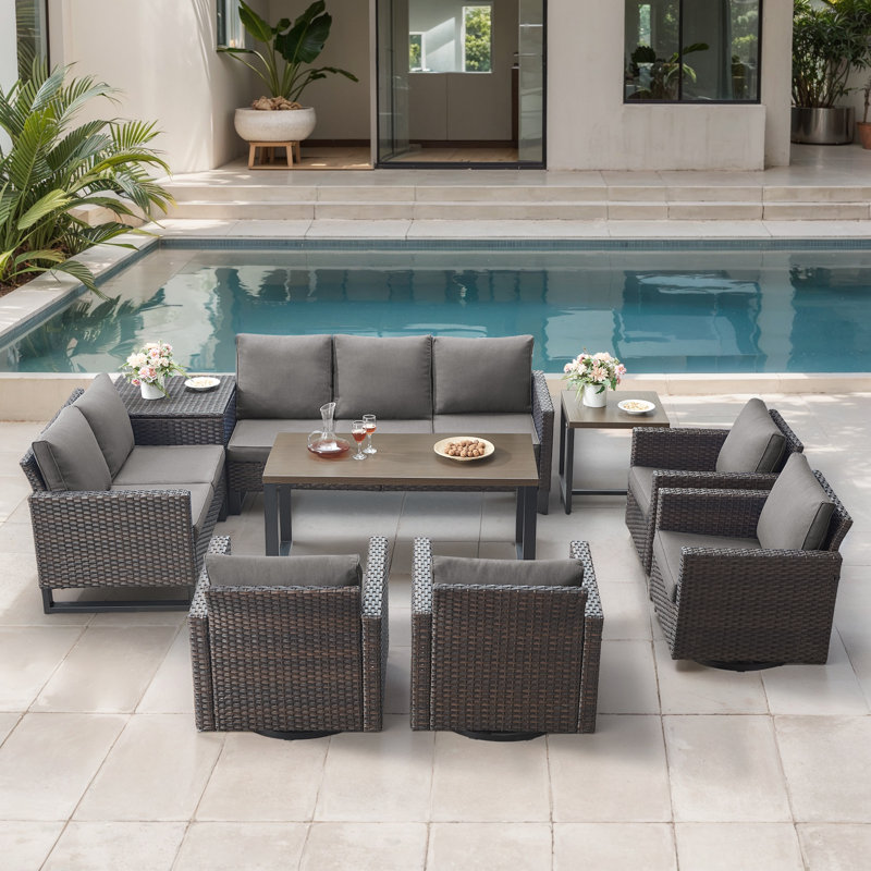Ingvald 9 Person Outdoor Courtyard Wicker Family Conversation Set Group With Swivel Chairs And Storage, Gray