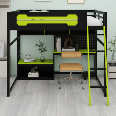 Wood Loft Bed With Desk, Shelves, LED Lights, USB Ports And Pegboard