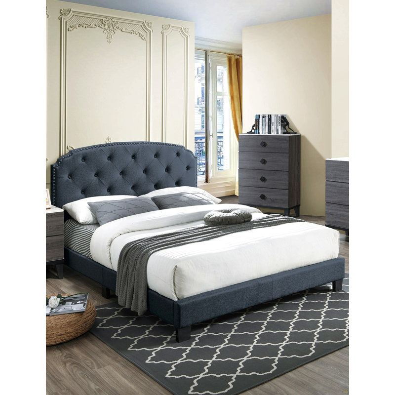 Lit double en tissu de jute capitonné, Gris anthracite, Lit double