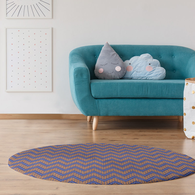 Tapis orange/bleu à chevrons à main, Rond 5 pi