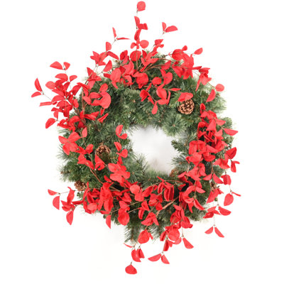 24" Pre-Lit Artificial Winter Christmas Wreath For Front Door, 35 LED Lights Decorated With Pine Cones Eucalyptus Indoor Decoration