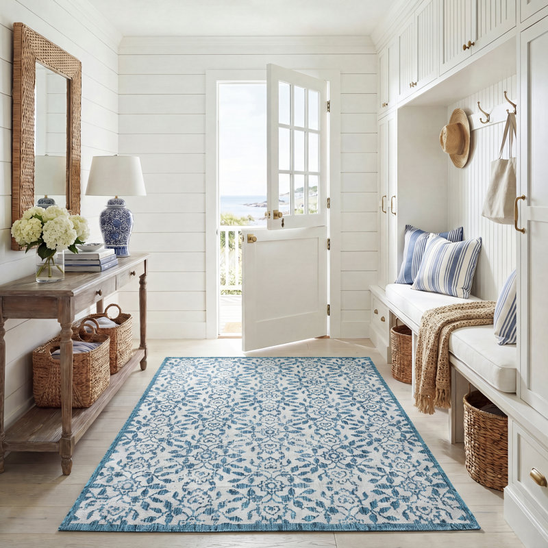 Tapis d'intérieur / extérieur gris / bleu Stolz, Rectangle 5 pi 5 po x 7 pi 7 po