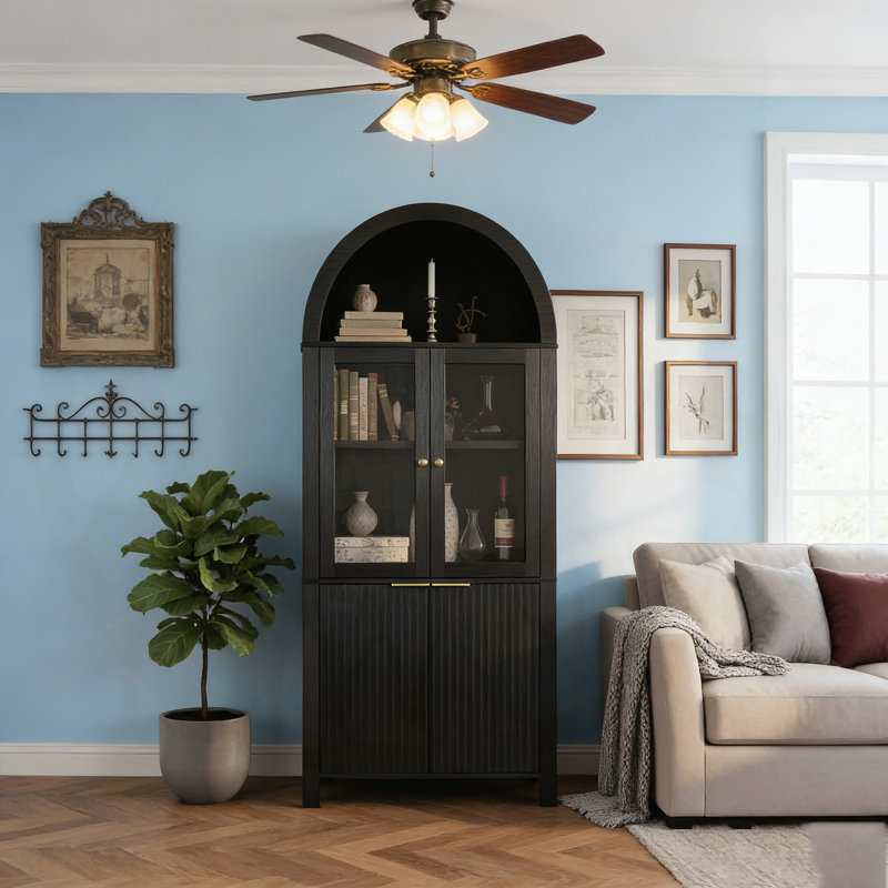 71-Inch Fluted Tall Arched Pantry Cabinet with Adjustable Shelves, Hidden Drawer, and Glass Door for Flexible Elegant Storage.
