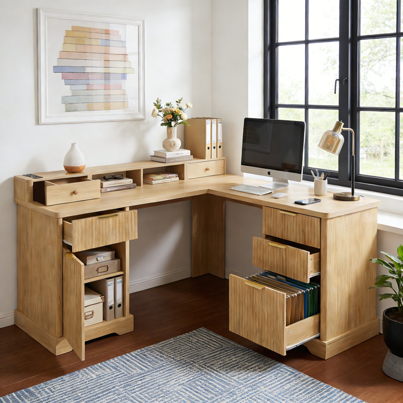 L-Shaped Desk with Charging Station And Monitor Stand, Brown