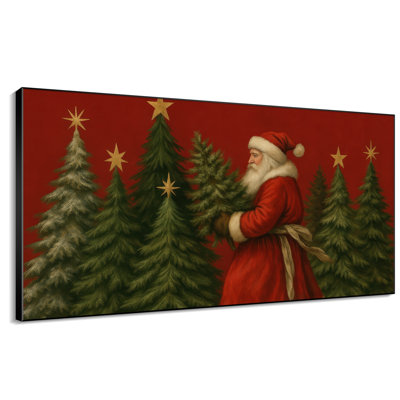 Très grand art mural imprimé sur tissu - Décoration de Noël rétro vert Santa Forest - "Assemblage requis du cadre (cadre non fini)"