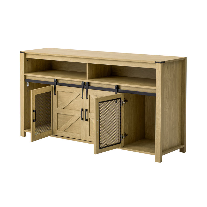 Farmhouse Sideboard with Sliding Barn Doors, Mesh Panels and Open Storage for Living Room, Natural