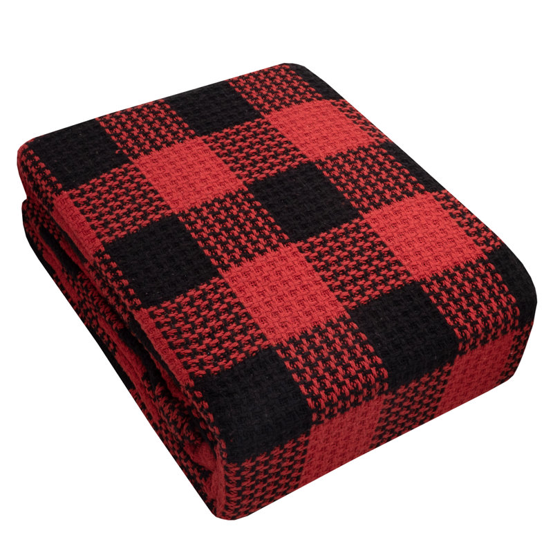 Luxurious King Cotton Blend Knitted Buffalo Check Blanket in Burgundy/Black