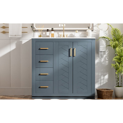 36 po, meuble-lavabo de salle de bain, lavabo en céramique, structure en bois massif, durabilité, planches, 3 tiroirs, fonction de fermeture en douceur, grand espace de rangement, design moderne, poignées en métal exquis, mouvement de tiroir lisse,