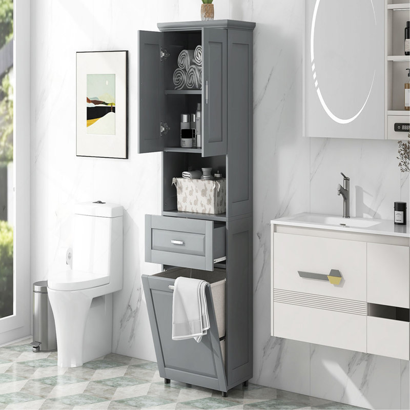 Grande armoire de salle de bain avec panier à linge, grand panier à linge inclinable et armoire de rangement supérieure, Gris
