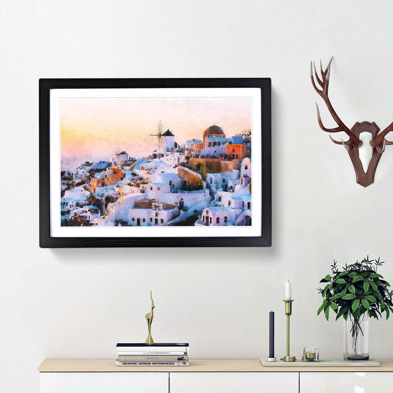 Oia Santorini Skyline in Greece - Picture Frame Graphic Art Print, 33cm H x 45cm W x 2cm D, Black Framed